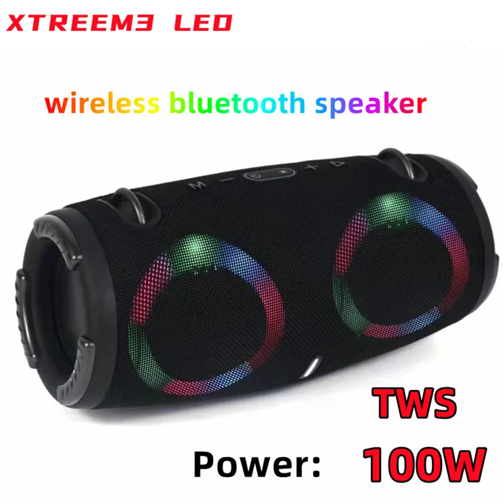 Caixa de som Portátil à prova d'água 100W Alto-falante Bluetooth de alta potência RGB Luz colorida Subwoofer sem fio 360 Stereo Surround TWS FM Boom Box